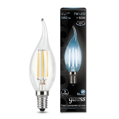 Лампа светодиодная филаментная Black Filament 7Вт свеча на ветру 4100К E14 | Код. 104801207 | Gauss